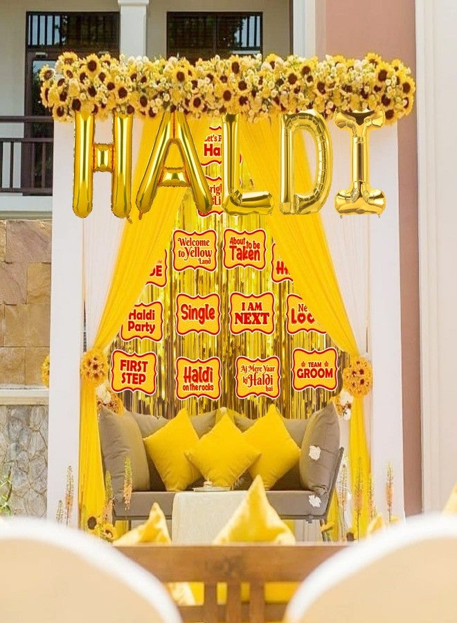 Zyozique Haldi Ceremony Decoration,Haldi Ceremony Decoration Kit, 1 Set Haldi Foil Balloon 2 Golden Curtain and 15 Pcs Hald Photo Booth Props Combo Bachelorette Bridal Shower Party (Pack of18) - Image 1